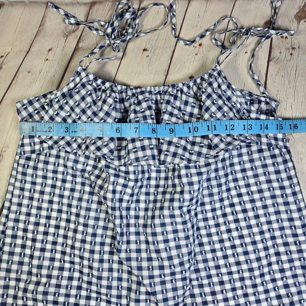 J. Crew Womens Blue Gingham Eyelet Scalloped Hem Tie Strap Ruffle Top G6577 Sz 2